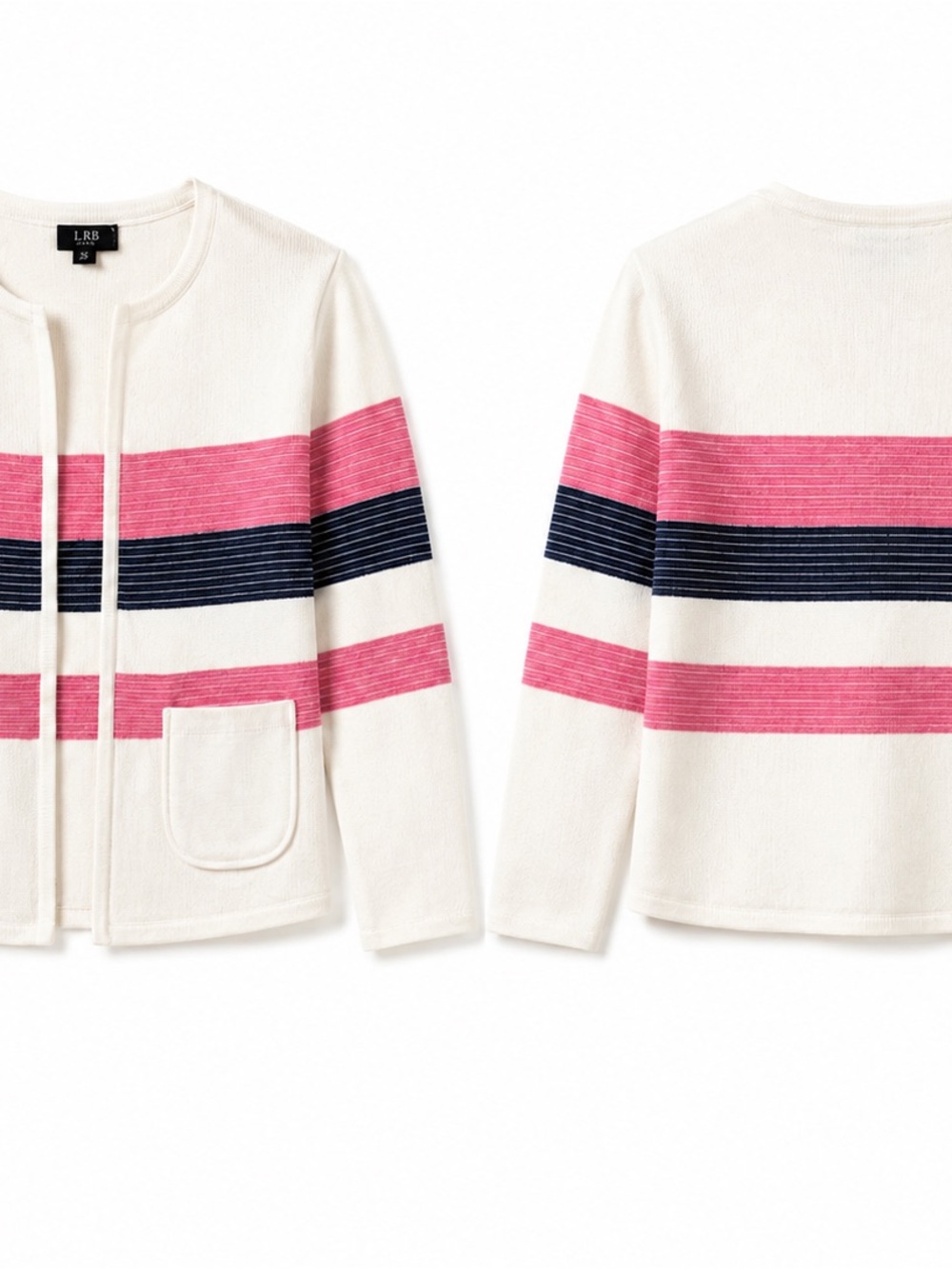 Talbots Cream Knit Cardigan with Pink and Navy Stripes